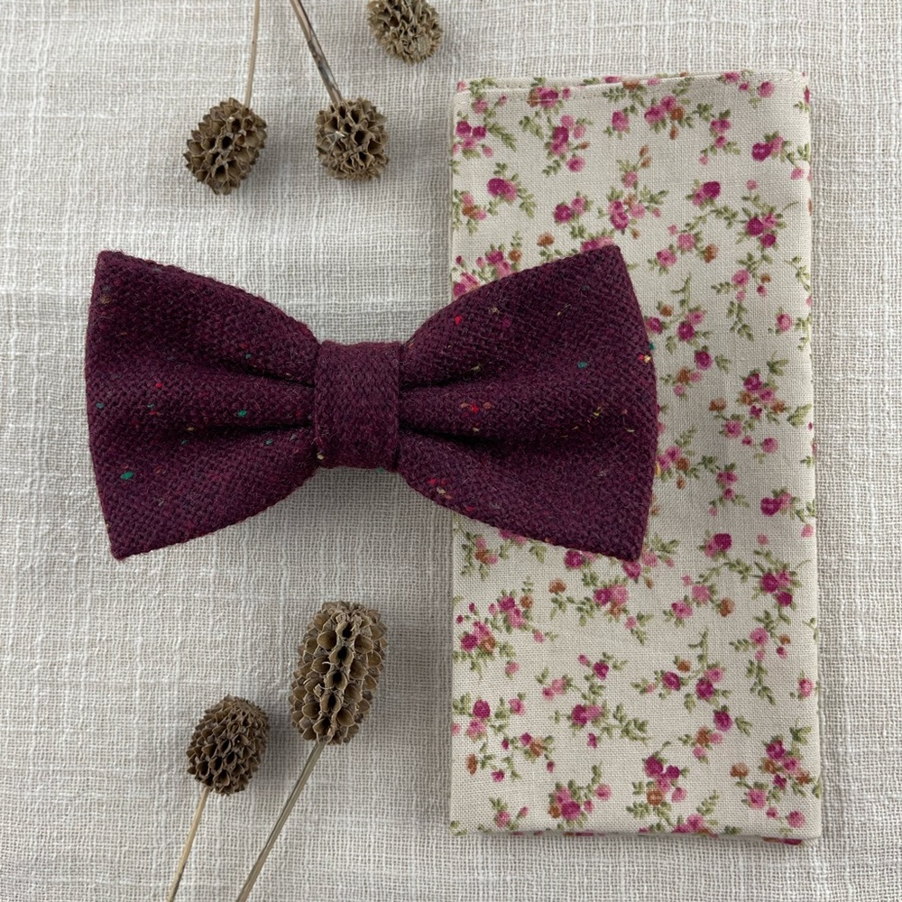 Men’s Burgundy Donegal Tweed Bow Tie & Rustic Floral Pocket Square Set